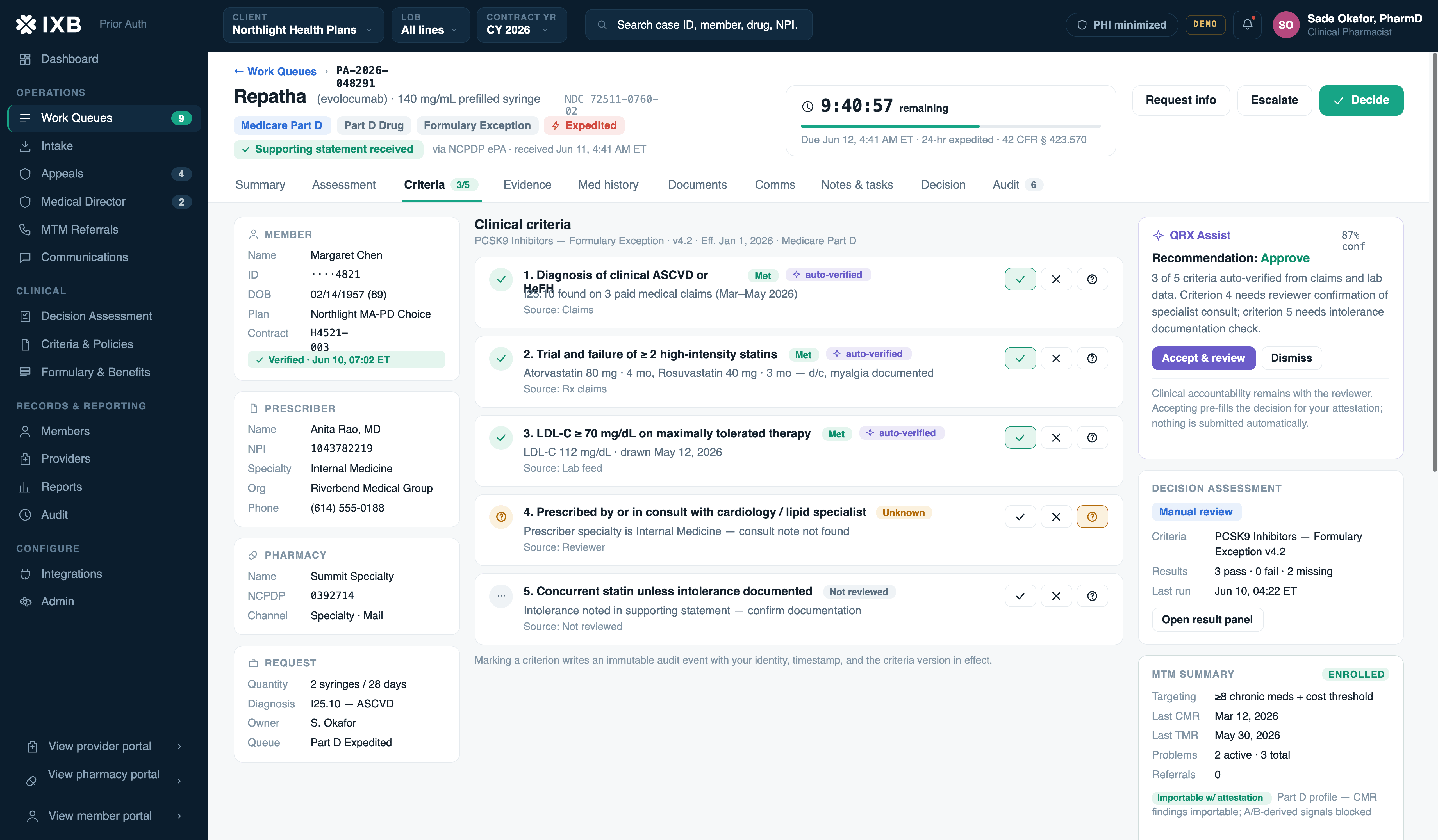 IXB prior authorization case view showing request details, plan criteria, submitted evidence, and the reviewer decision panel